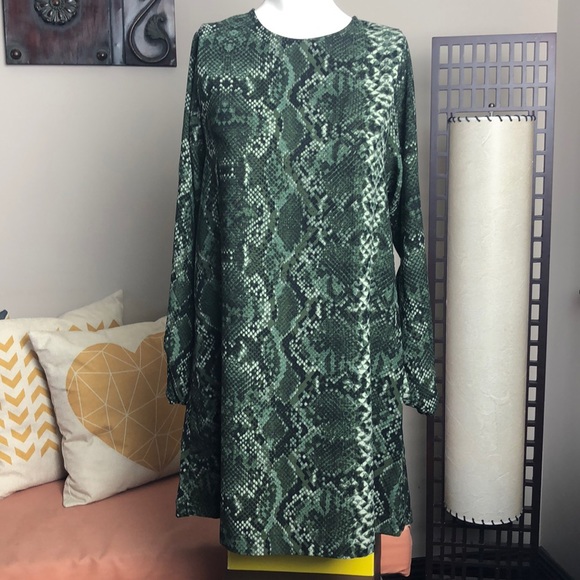 H&M Green Snakeskin Long Sleeve Shift Dress Size 2 - Picture 3 of 14